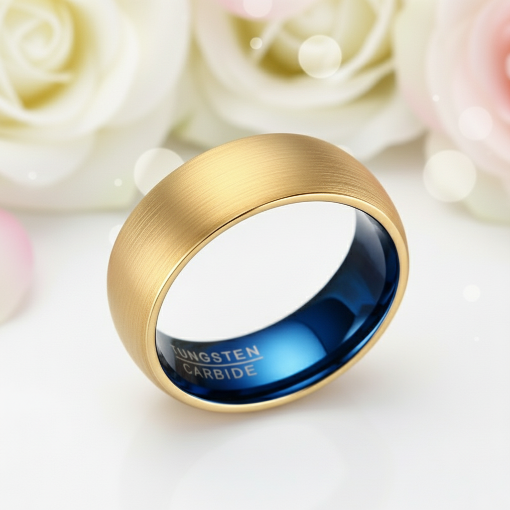 Classical Gold & Blue Men's Tungsten Wedding Band-Black Diamonds New York