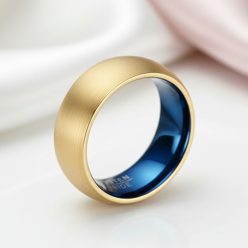 Classical Gold & Blue Men's Tungsten Wedding Band-Black Diamonds New York