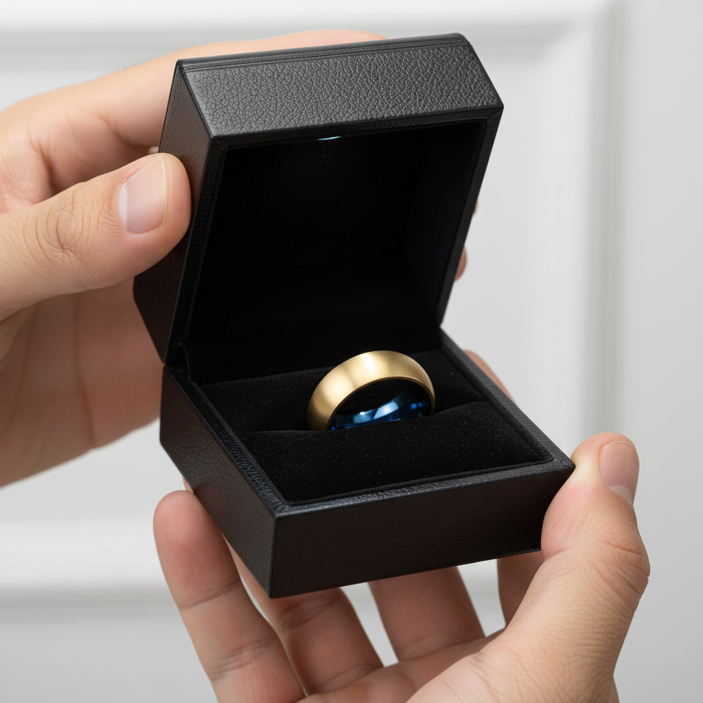 Classical Gold & Blue Men's Tungsten Wedding Band-Black Diamonds New York