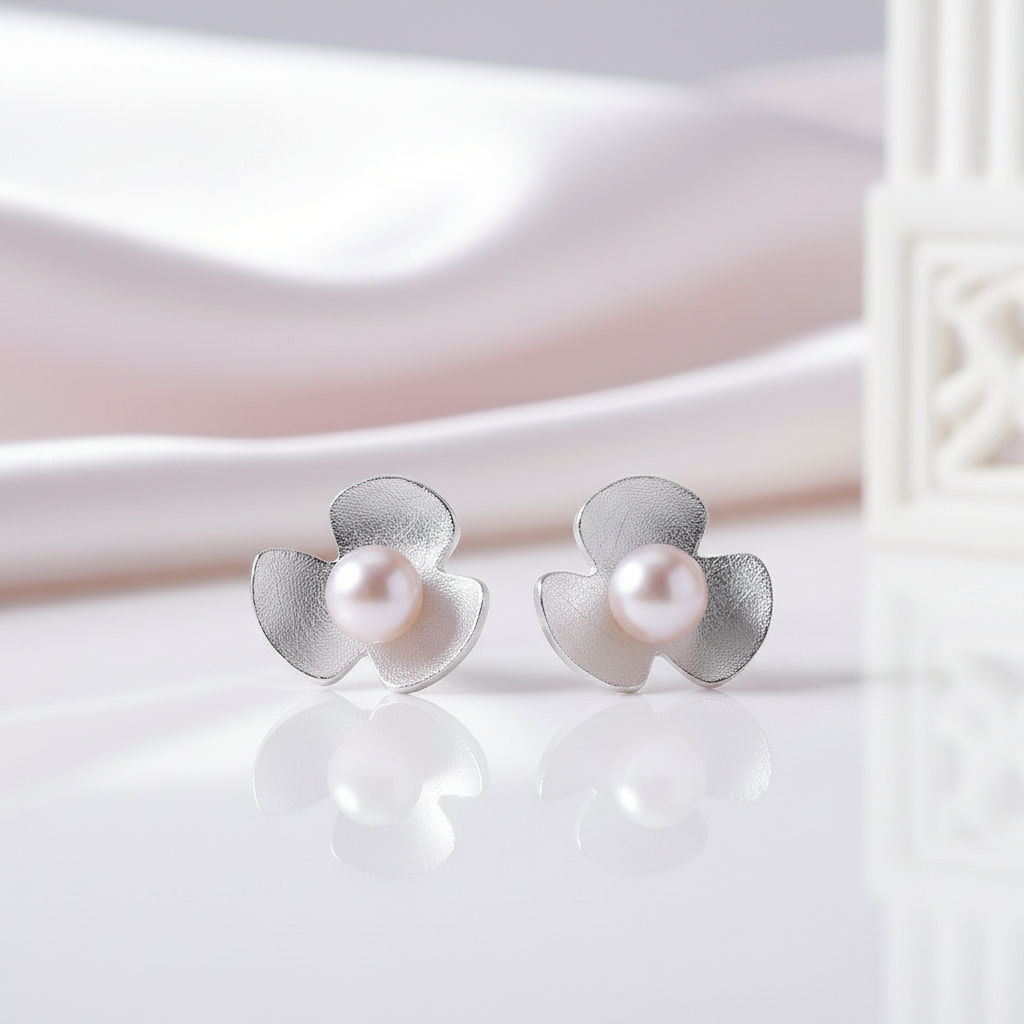 Clover Flower with Pearl Stud Earrings-Black Diamonds New York