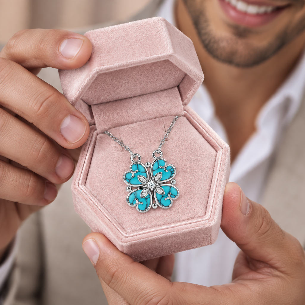 A silver-tone flower pendant necklace with turquoise inlay is displayed in an open pink velvet jewelry box, held by a person wearing a white collared shirt.