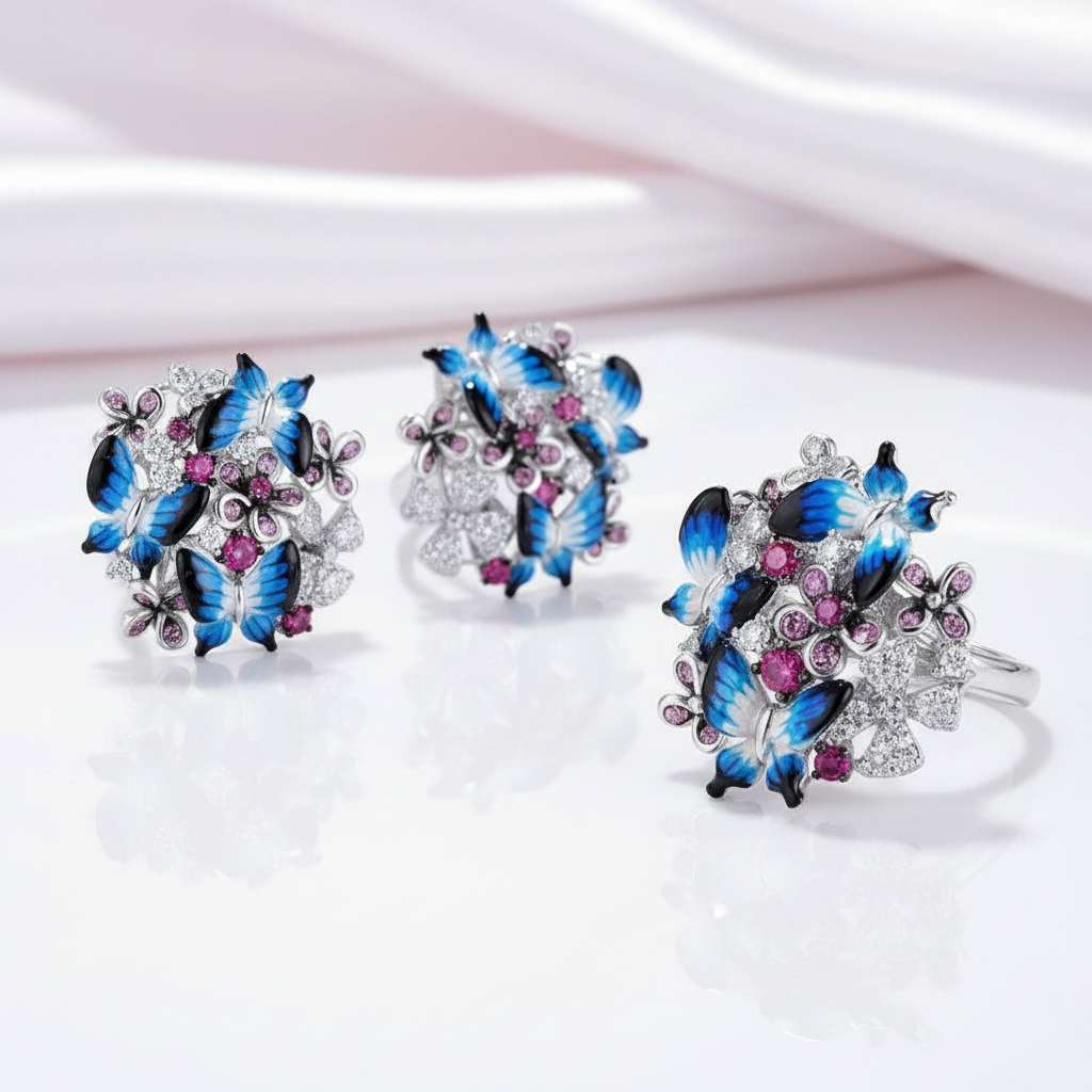 Colorful Enamel Blue Butterfly with Diamond Jewelry Set-Black Diamonds New York