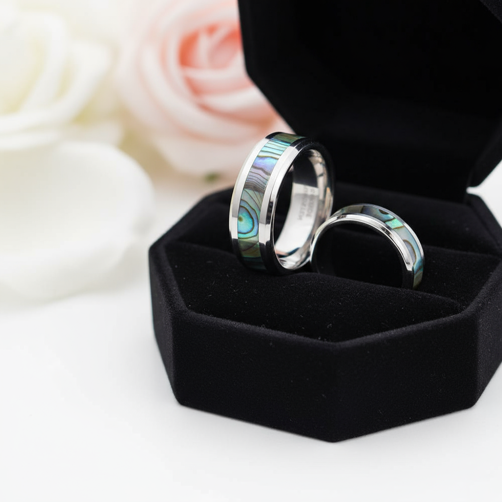 Comfort Fit Top Quality Tungsten Carbide with Abalone Inlay Men's Ring-Black Diamonds New York