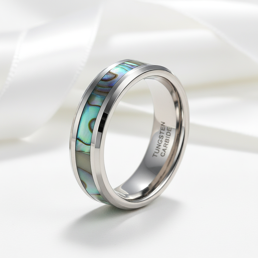 Comfort Fit Top Quality Tungsten Carbide with Abalone Inlay Men's Ring-Black Diamonds New York