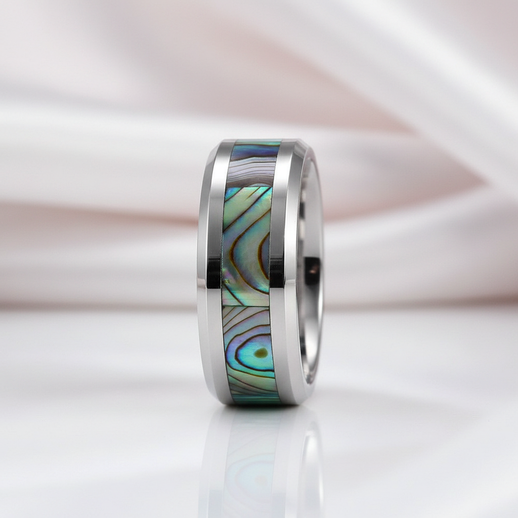 Comfort Fit Top Quality Tungsten Carbide with Abalone Inlay Men's Ring-Black Diamonds New York