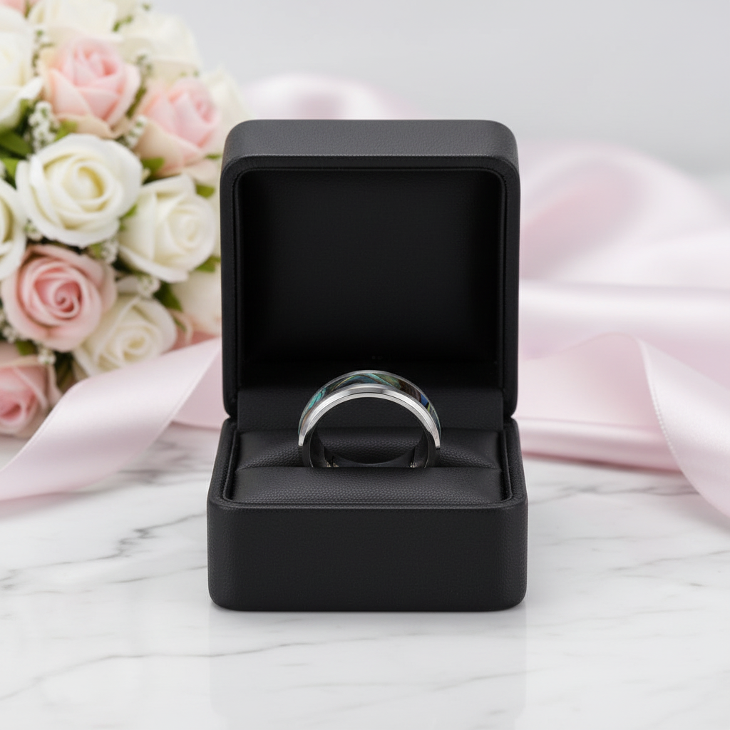 Comfort Fit Top Quality Tungsten Carbide with Abalone Inlay Men's Ring-Black Diamonds New York