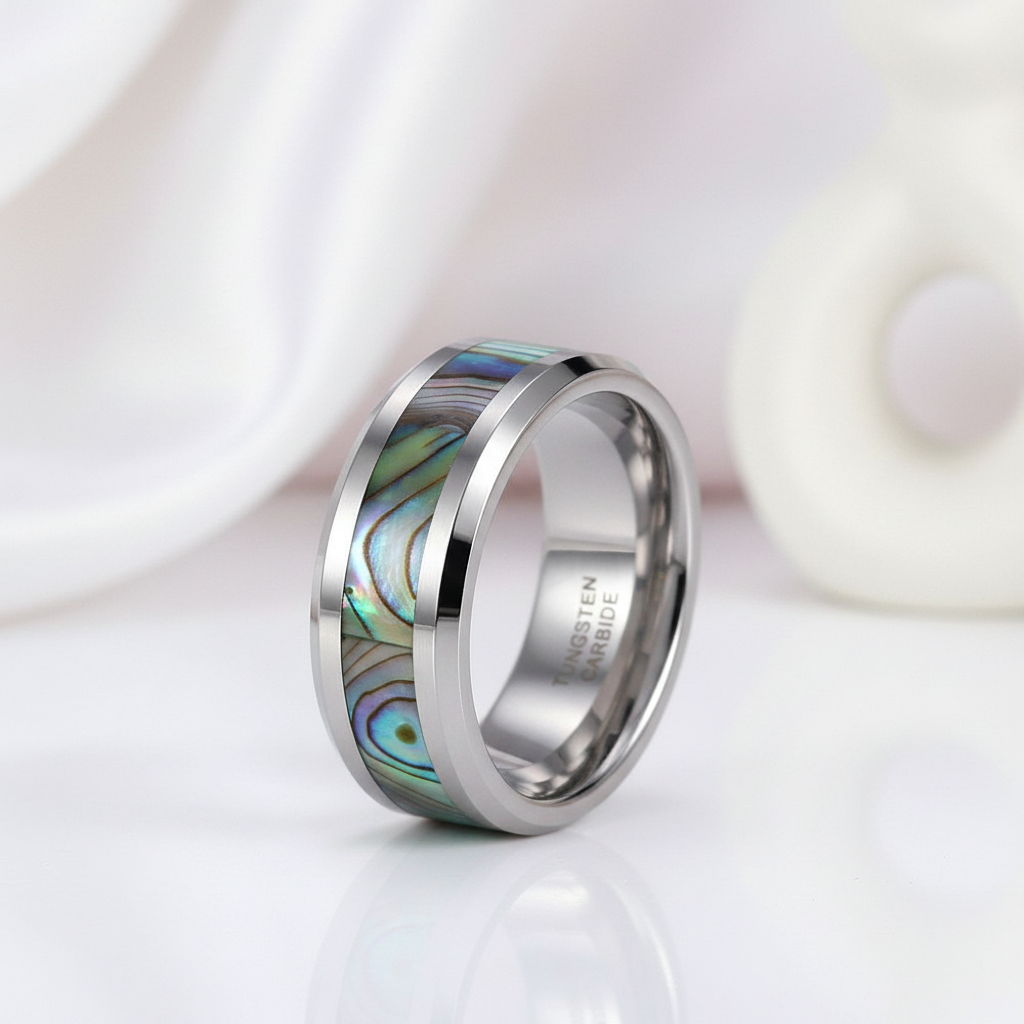 Comfort Fit Top Quality Tungsten Carbide with Abalone Inlay Men's Ring-Black Diamonds New York