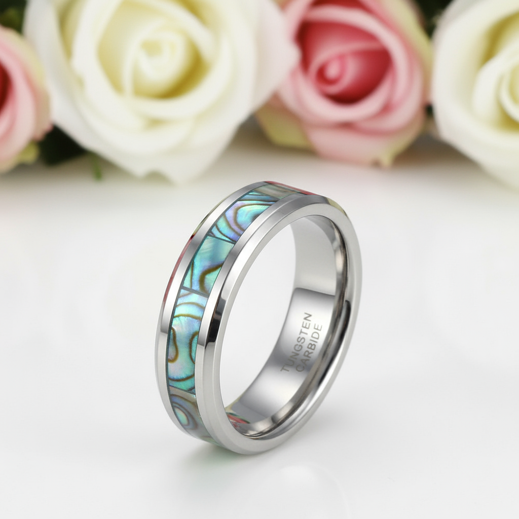 Comfort Fit Top Quality Tungsten Carbide with Abalone Inlay Men's Ring-Black Diamonds New York