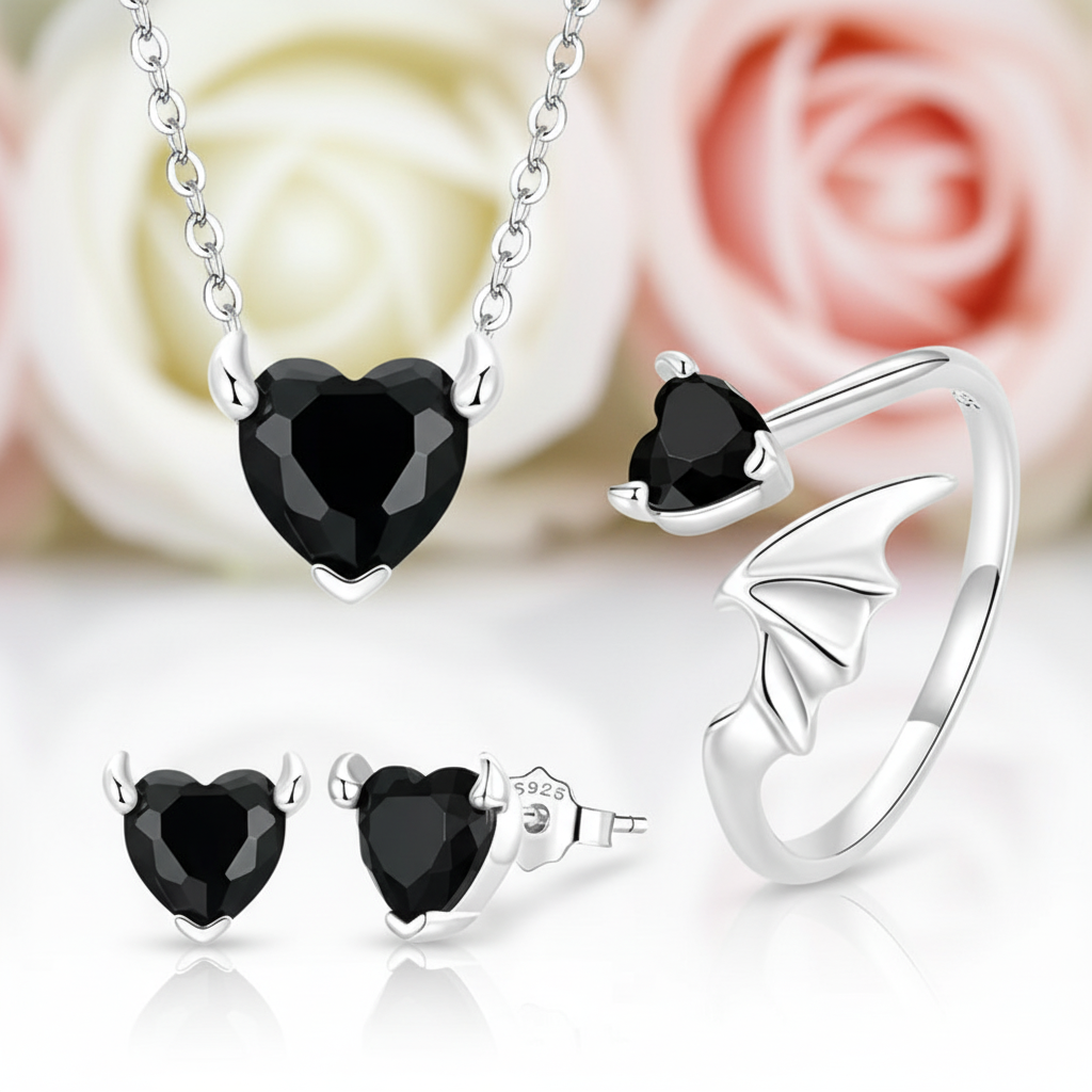 Cool Black Devil Heart Diamond Jewelry Set-Black Diamonds New York