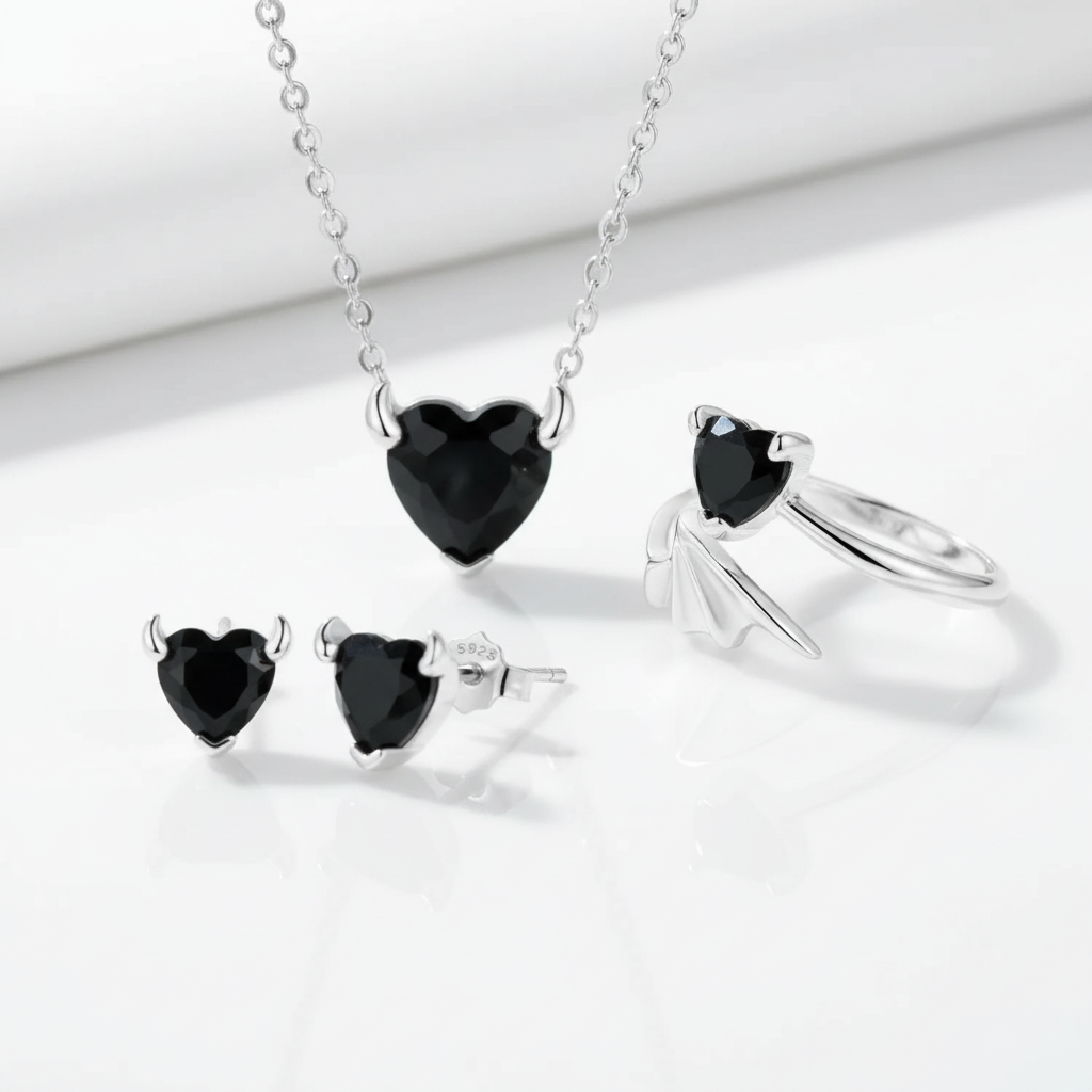 Cool Black Devil Heart Diamond Option Jewelry Set-Black Diamonds New York