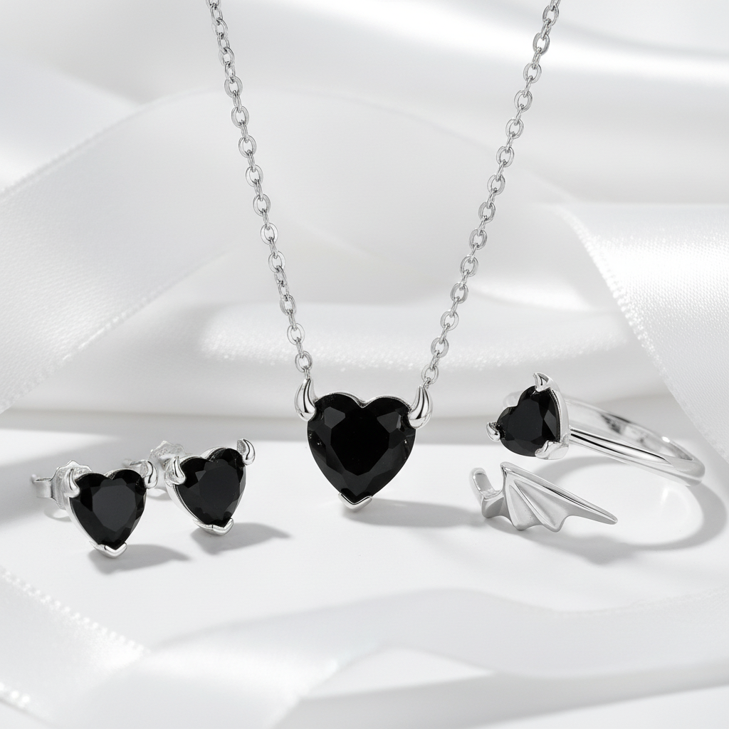 Cool Black Devil Heart Diamond Jewelry Set-Black Diamonds New York