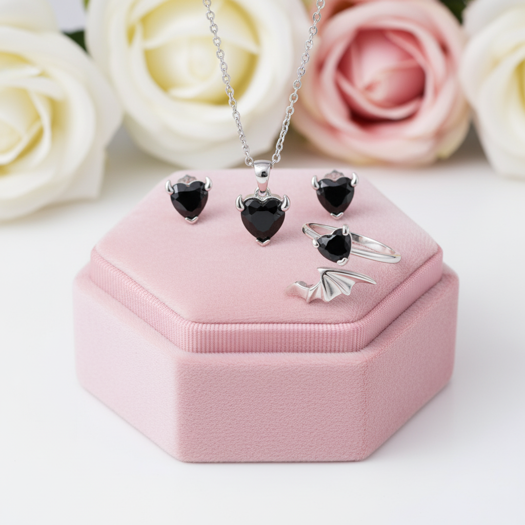 Cool Black Devil Heart Diamond Jewelry Set-Black Diamonds New York