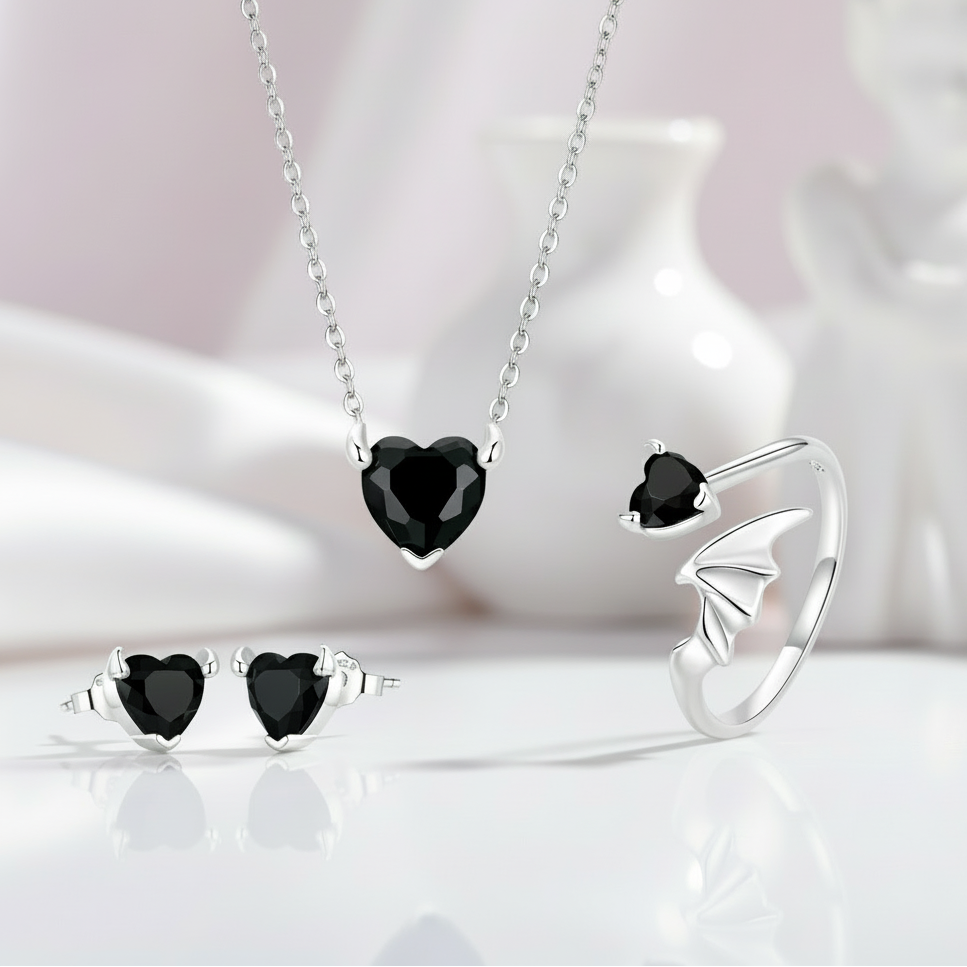 Cool Black Devil Heart Diamond Jewelry Set-Black Diamonds New York