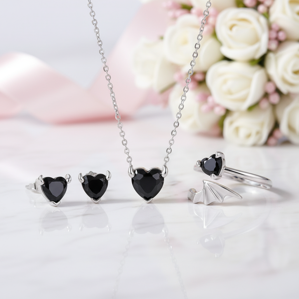 Cool Black Devil Heart Diamond Jewelry Set-Black Diamonds New York