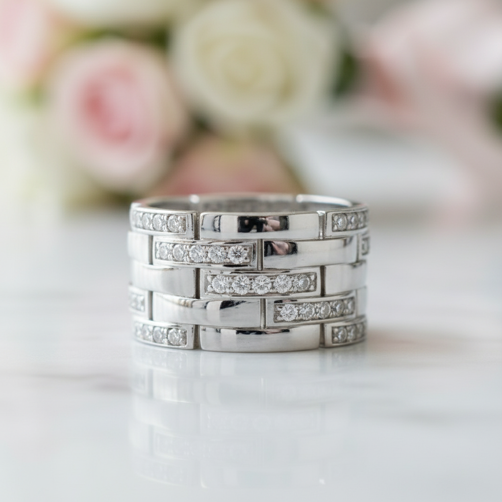 Multi-Row Pave Diamond Interlocking Wedding Band