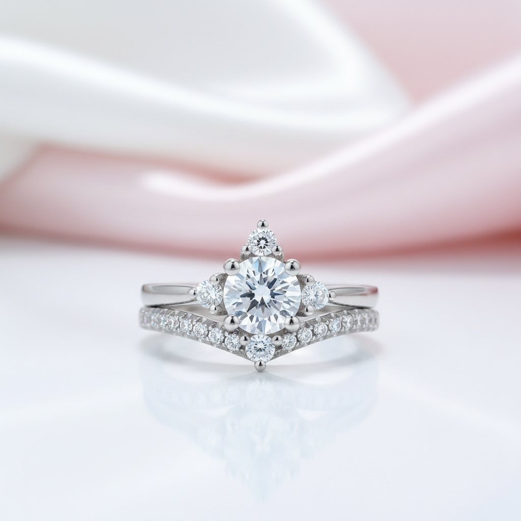 Diamond ring with a matching band on a soft pink background