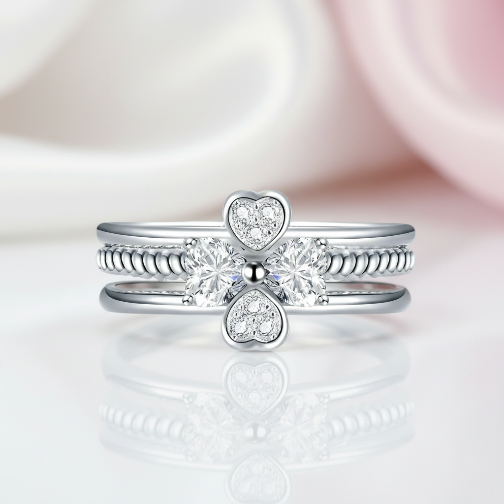 Clover Heart Diamond Option Twisted Band 3-Pcs Ring Set-Black Diamonds New York