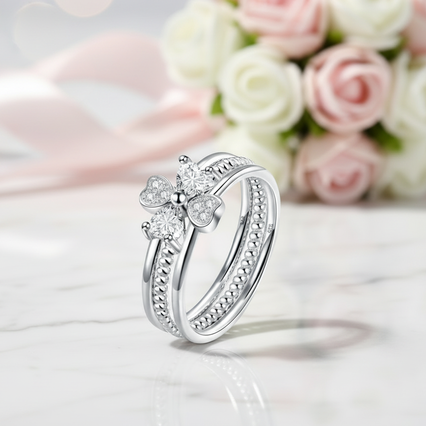 Clover Heart Diamond Option Twisted Band 3-Pcs Ring Set-Black Diamonds New York