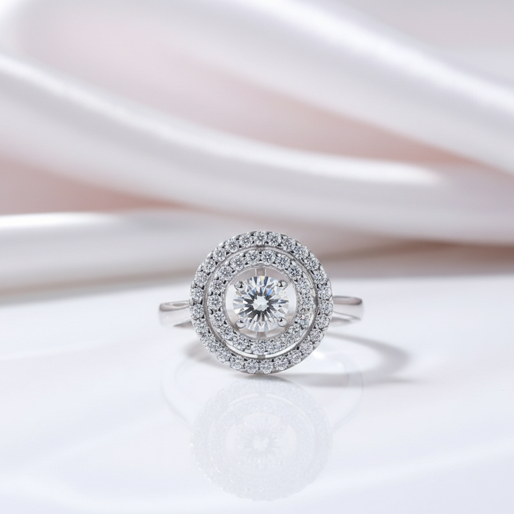 Round Diamond Dancing Stone Double Halo Ring-Black Diamonds New York