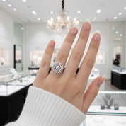 Round Diamond Dancing Stone Double Halo Ring-Black Diamonds New York