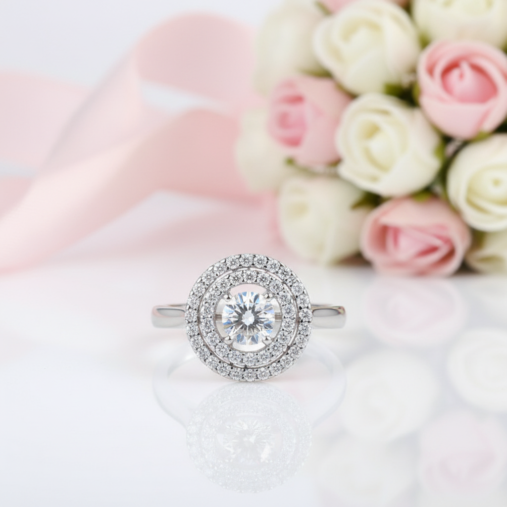 Round Diamond Dancing Stone Double Halo Ring-Black Diamonds New York