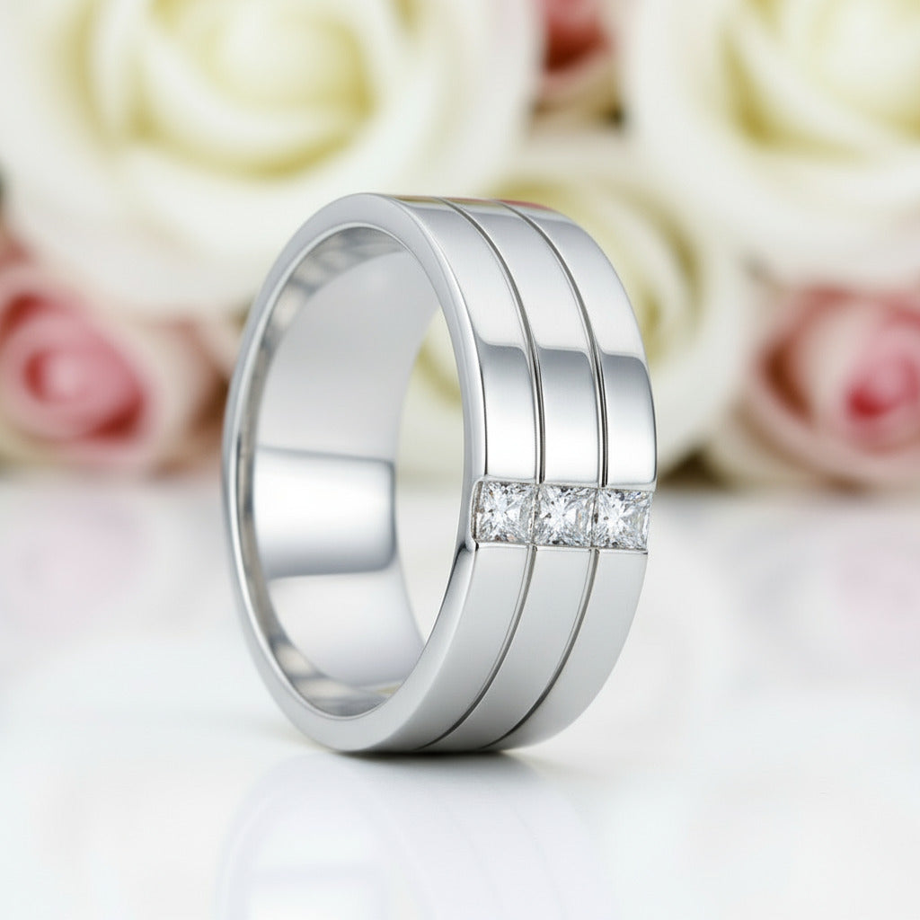 Men's Silver Ring with Three Princess-Cut Diamond-Black Diamonds New York