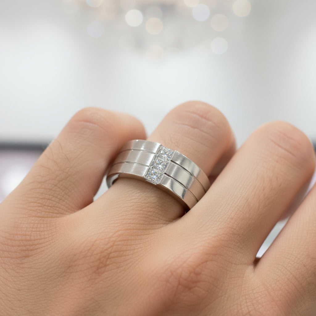 Men's Silver Ring with Three Princess-Cut Diamond-Black Diamonds New York