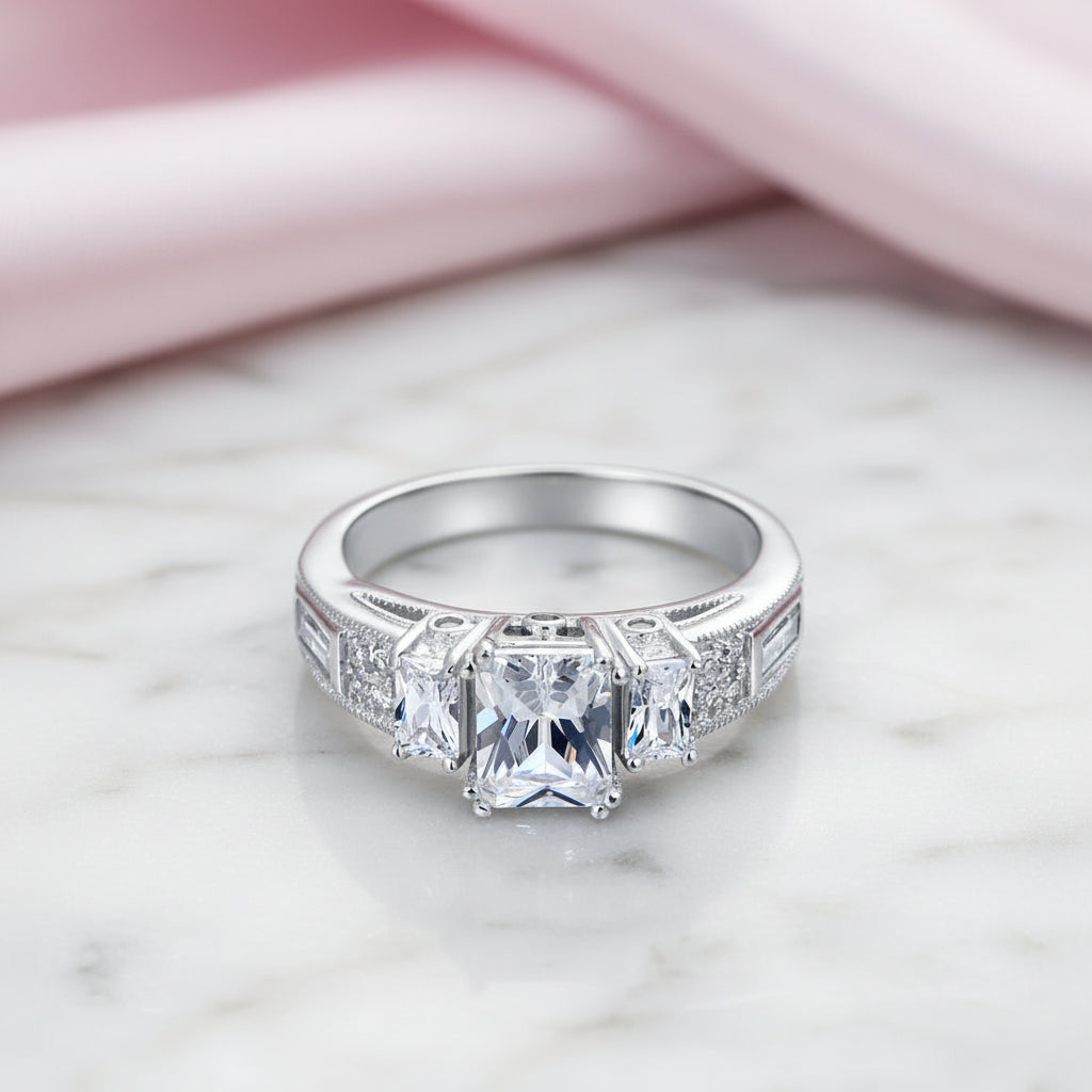 Three-Stone Radiant Cut Diamond Option Vintage Ring-Black Diamonds New York