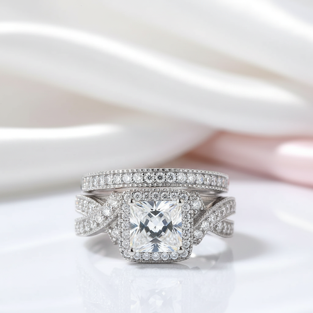 Vintage Style Princess Cut Diamond Engagement Ring Set-Black Diamonds New York