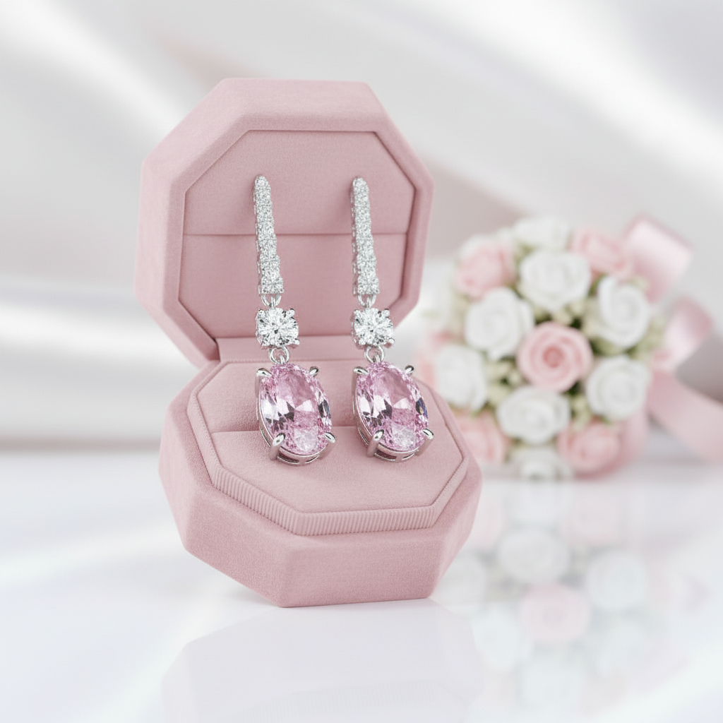 Created Pink Sapphire Oval Cut Women's Drop Earrings-Black Diamonds New York