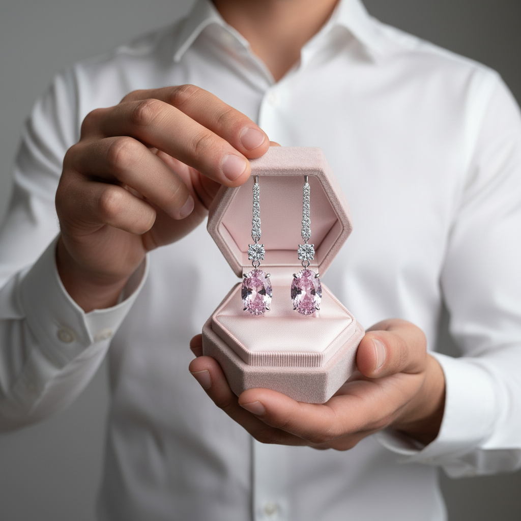 Person holding a pink jewelry box with pink earrings inside, wearing a white shirt.