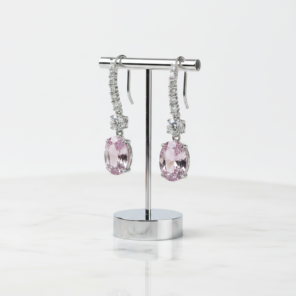 Created Pink Sapphire Oval Cut Women's Drop Earrings-Black Diamonds New York