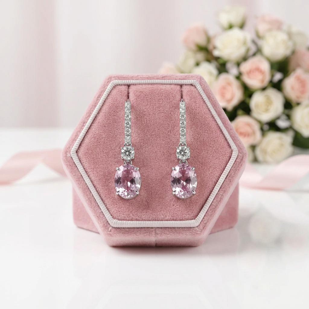 Created Pink Sapphire Oval Cut Women's Drop Earrings-Black Diamonds New York