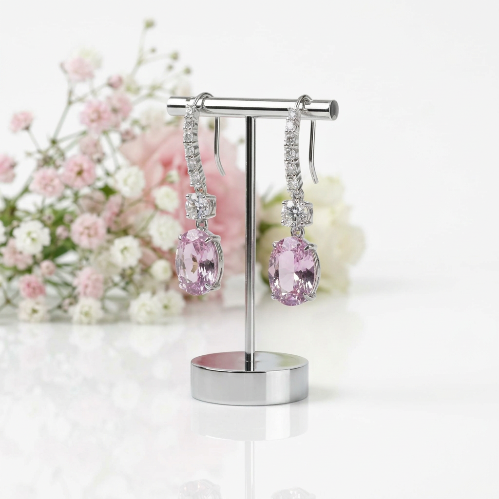 Created Pink Sapphire Oval Cut Women's Drop Earrings-Black Diamonds New York