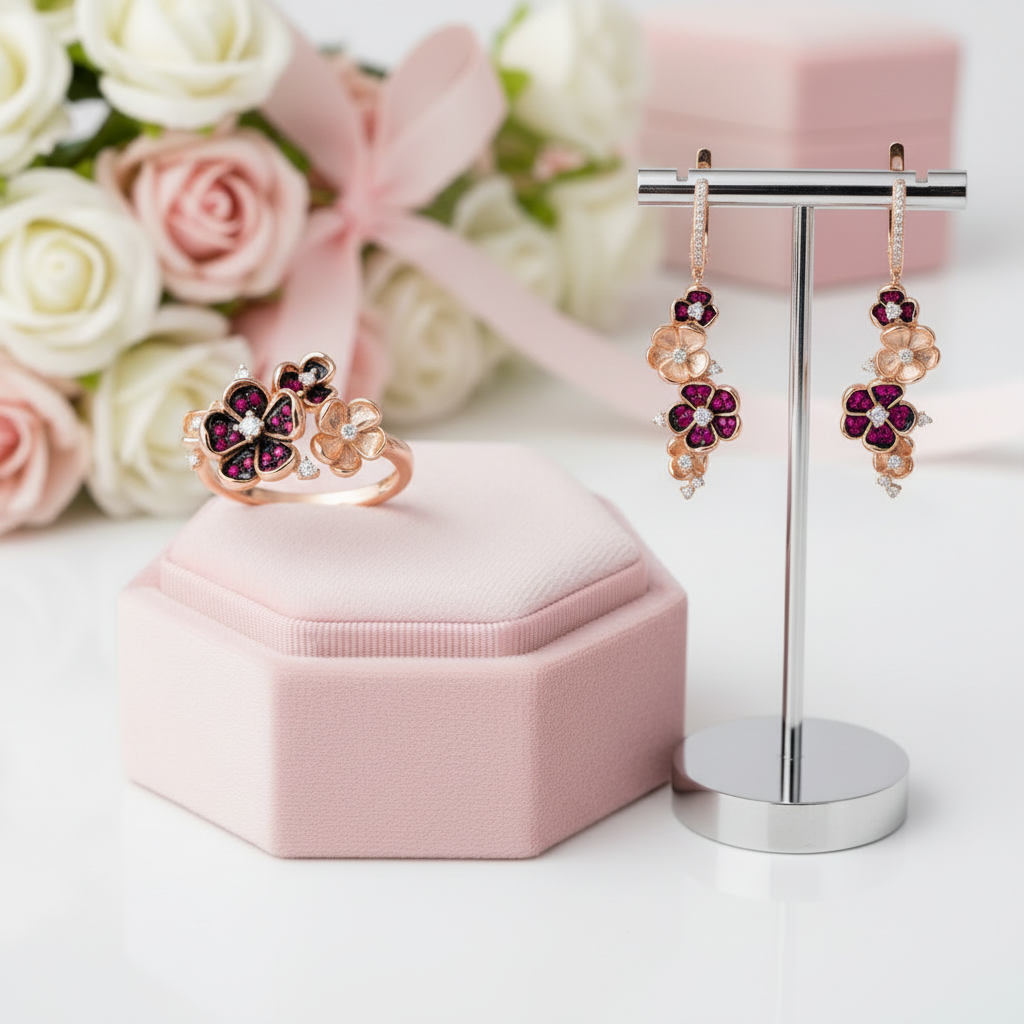 Ruby Diamond Option Rose Flower Jewelry Set-Black Diamonds New York
