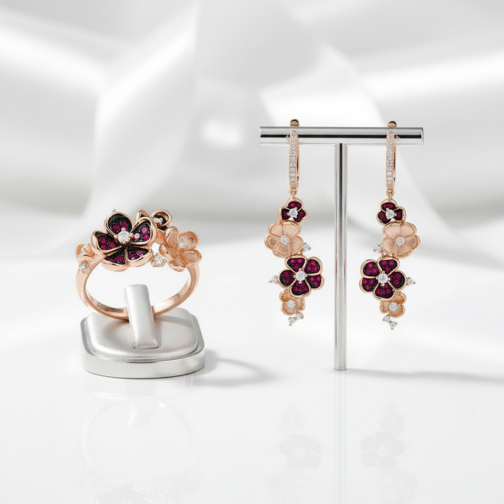 Ruby Diamond Option Rose Flower Jewelry Set-Black Diamonds New York