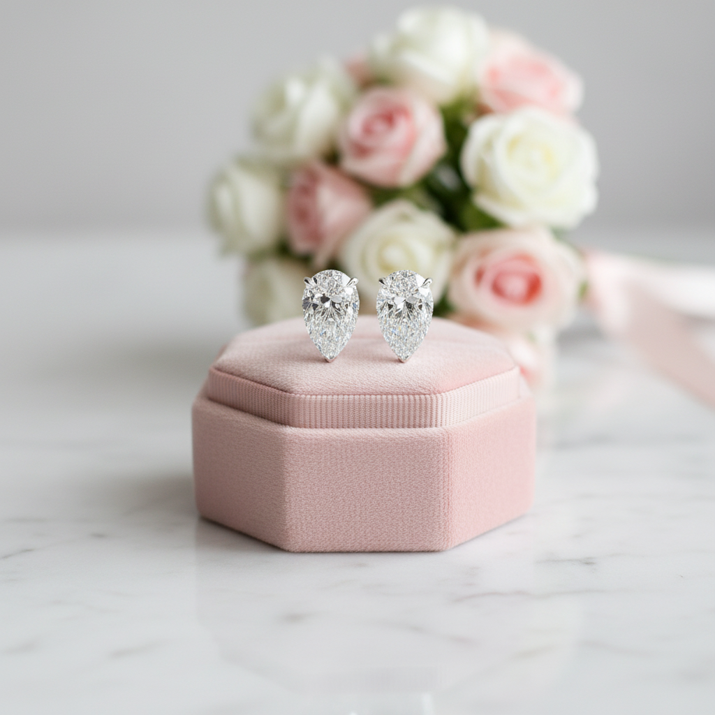 Diamond earrings on a pink jewelry box with flowers in the background