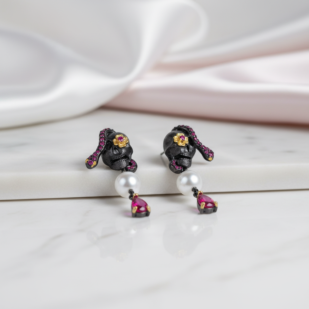 Creative Retro Skull Halloween Piercing Studs Earrings-Black Diamonds New York