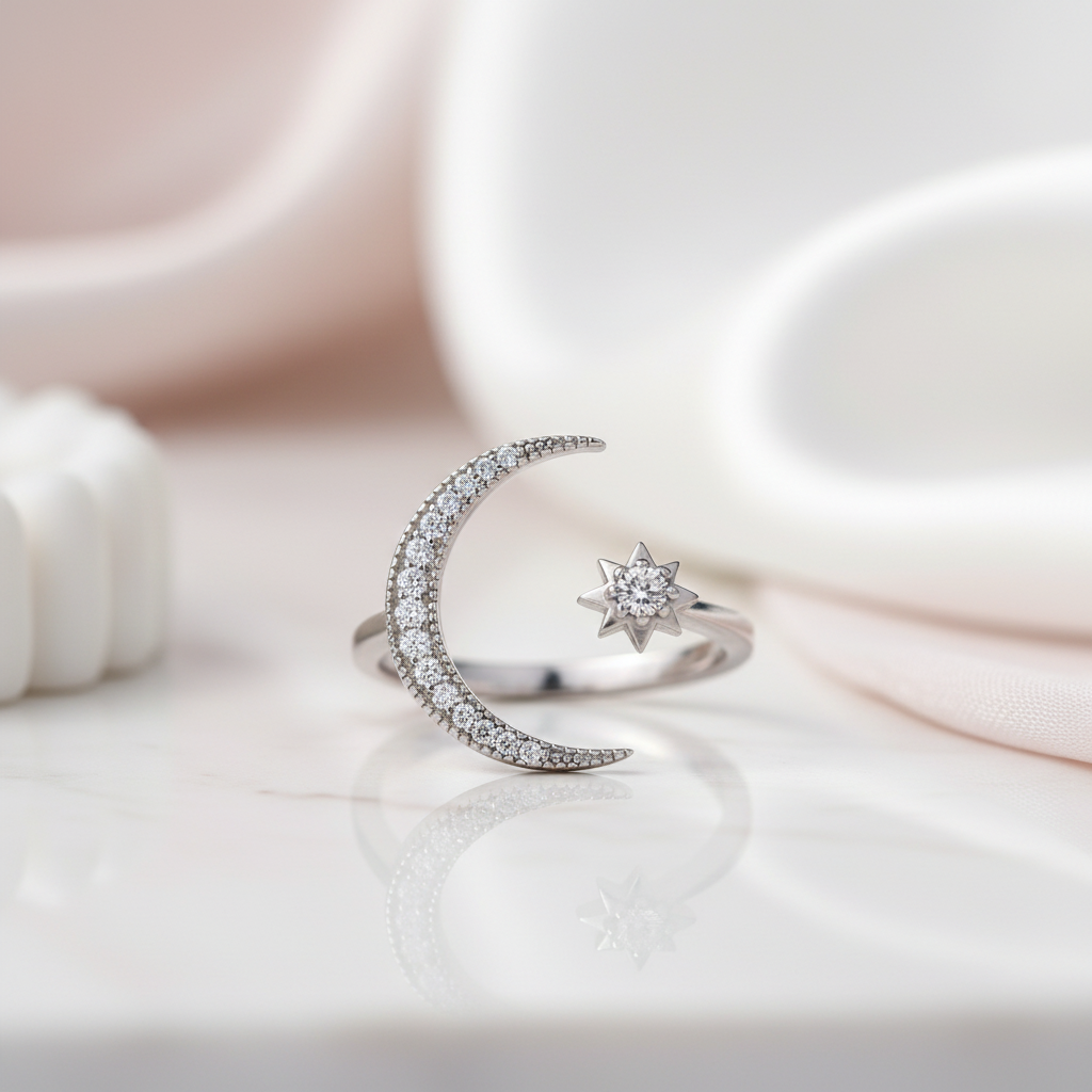 Crescent Moon & Star Adjustable Open Ring-Black Diamonds New York