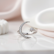 Crescent Moon & Star Adjustable Open Ring-Black Diamonds New York