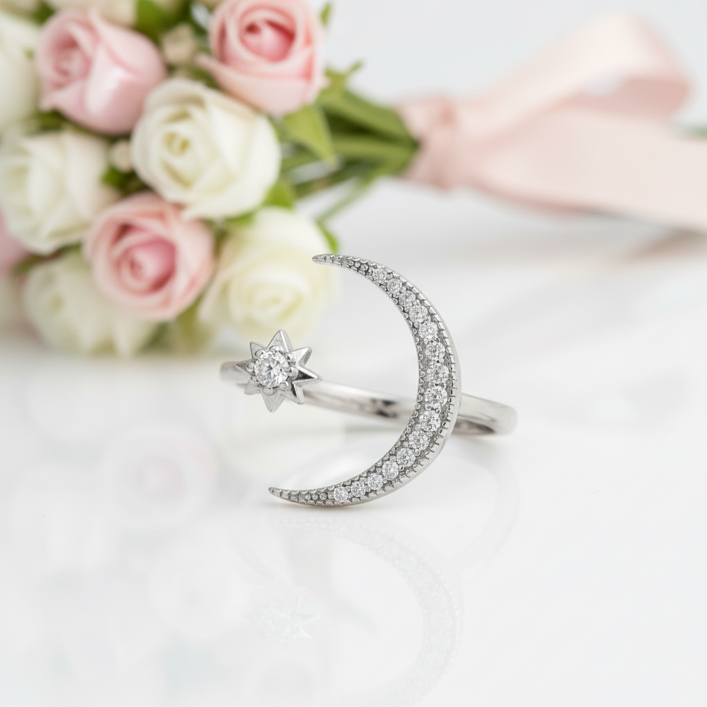 Crescent Moon & Star Adjustable Open Ring-Black Diamonds New York