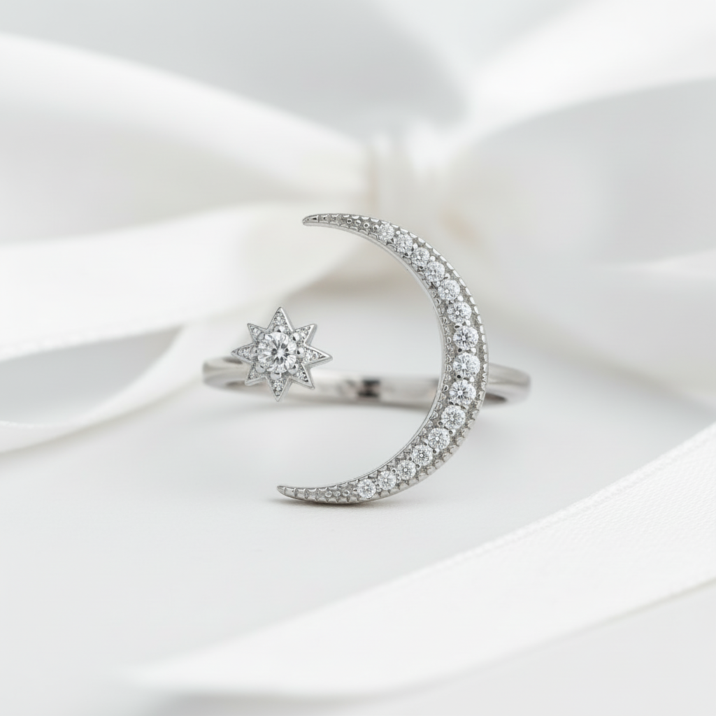 Crescent Moon & Star Adjustable Open Ring-Black Diamonds New York