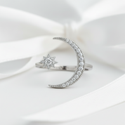 Crescent Moon & Star Adjustable Open Ring-Black Diamonds New York