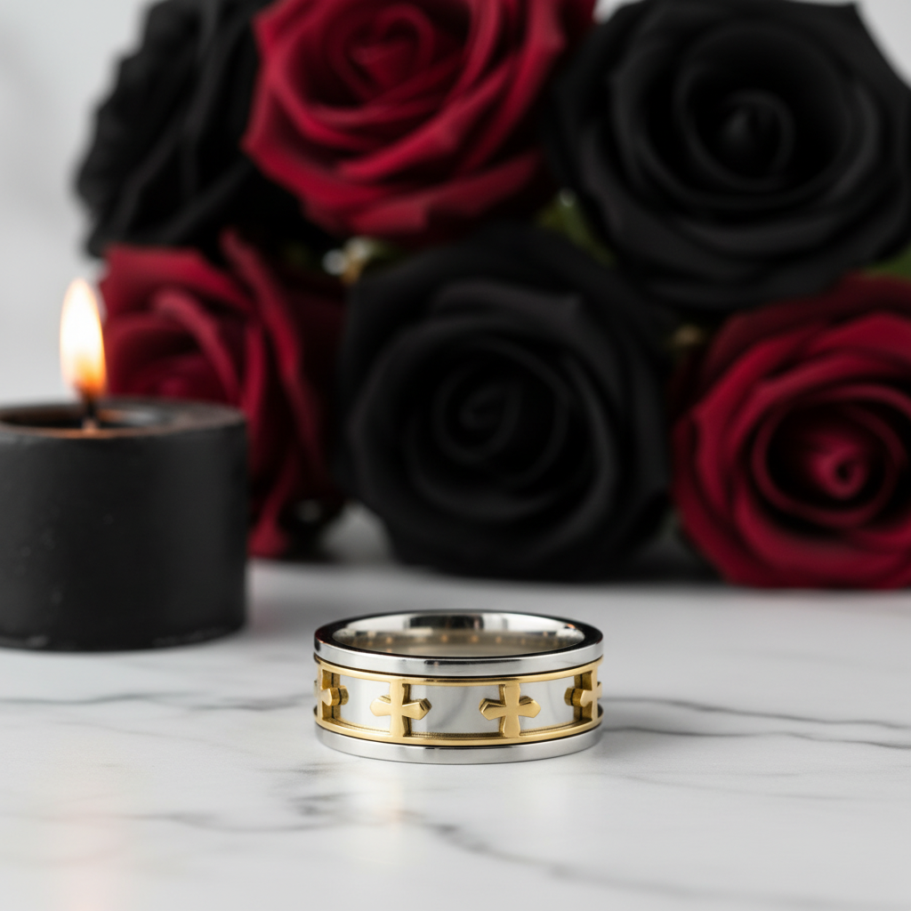 Cross Rotatable Men's Ring Band-Black Diamonds New York