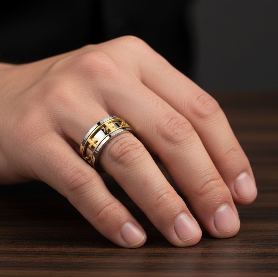 Cross Rotatable Men's Ring Band-Black Diamonds New York