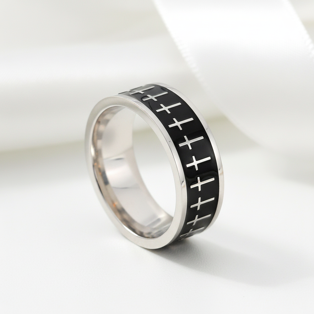 Cross Two Tone Men's Wedding Band-Black Diamonds New York