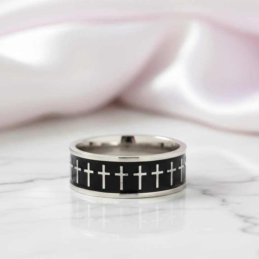 Cross Two Tone Men's Wedding Band-Black Diamonds New York