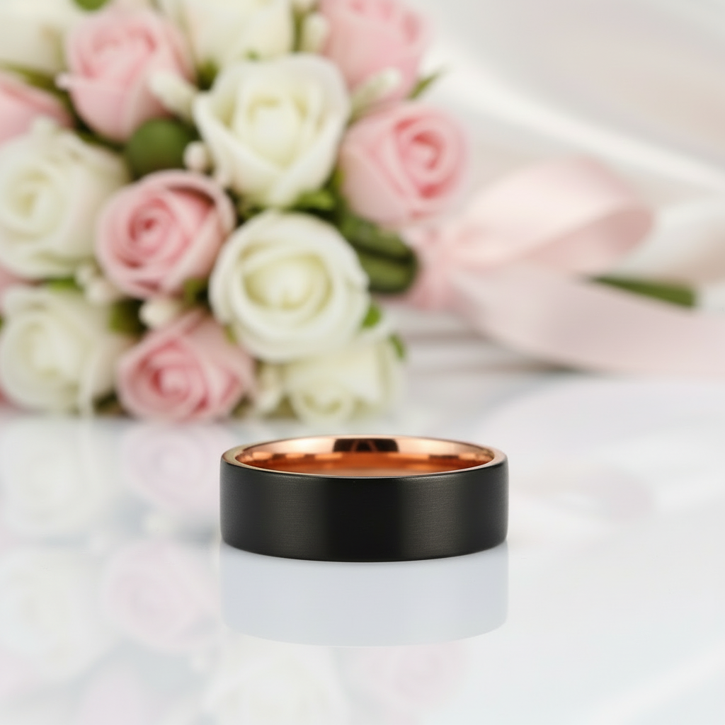 Custom 8mm Black Tungsten Carbide Matte Brushed Wedding Band-Black Diamonds New York