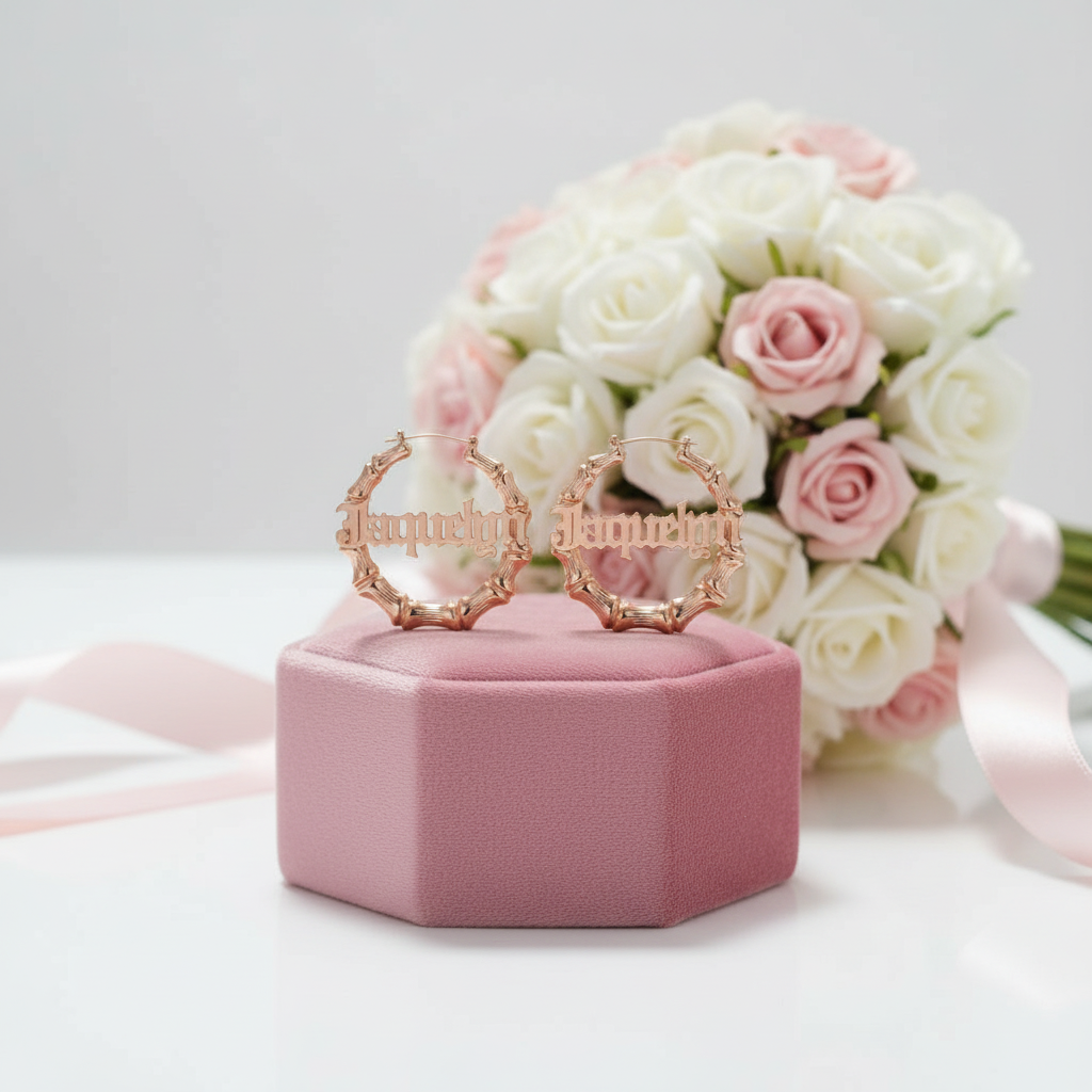 Custom Bamboo Customize Name Hoop Earrings-Black Diamonds New York