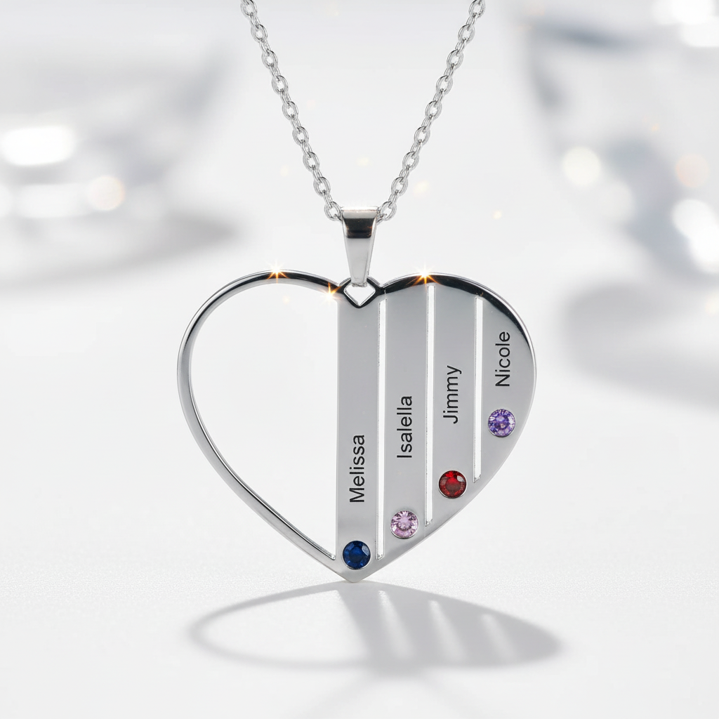 Custom Engraved Family Heart Necklace with Birthstones-Black Diamonds New York